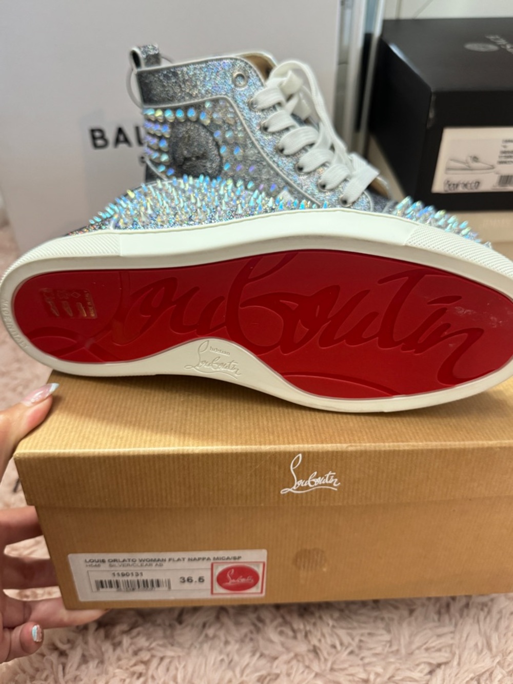 Christian Louboutin Silver Crystal-Studded High-Top Sneakers - Picture 3 of 3
